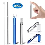 2 Pack Collapsible Drinking Straws, Portable Stainless Drinking straws Reusable and Eco-friendly with Carrying Case, Cleaning Brush, Keychain for Travel, Home, Office(Blue and Silver)