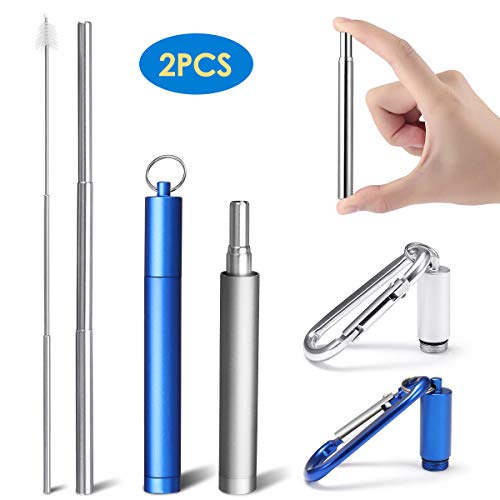 2 Pack Collapsible Drinking Straws, Portable Stainless Drinking straws Reusable and Eco-friendly with Carrying Case, Cleaning Brush, Keychain for Travel, Home, Office(Blue and Silver)