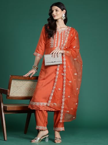 Image of INDO ERA Women's Silk Blend Embroidered Straight Kurta with Pant & Dupatta
