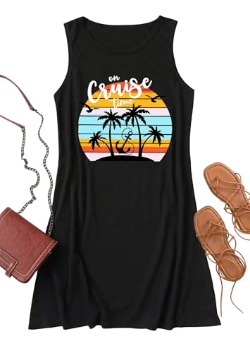 Image of Sun Salt Sand Coconut Tree Tank Mini Dress for Women Casual Loose Sleeveless Beach Praty Shirts Summer Vacation Short Dress