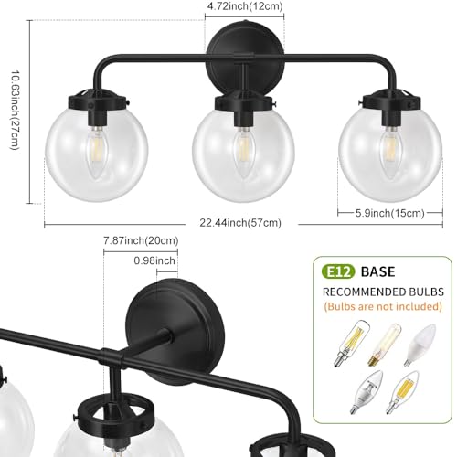 Image of Bathroom Vanity Light Fixtures Over Mirror, 22.4'' Modern Matte 3 Lights Wall Sconce Lighting with Transparent Glass Ball Shade, Mid Century Farmhouse Vanity Lights (Black)