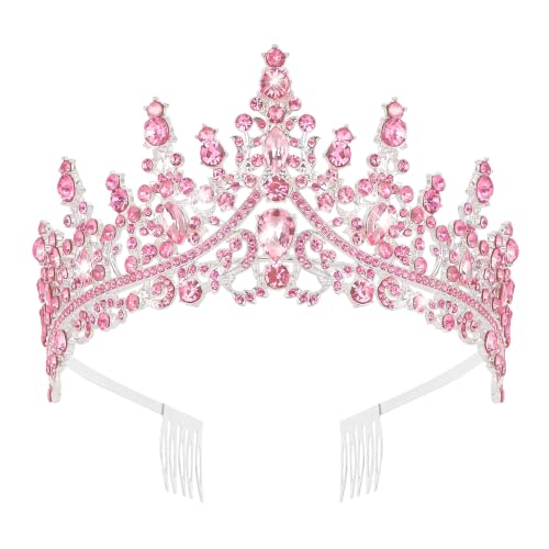 CURASA Pink Crystal Crown Tairas for Women Princess Crown for Girls Queen Crown for Women Birthday Crown, Wedding Crowns for Bride Hair Accessories for Birthday, Prom, Quinceanera, Pageant and Halloween