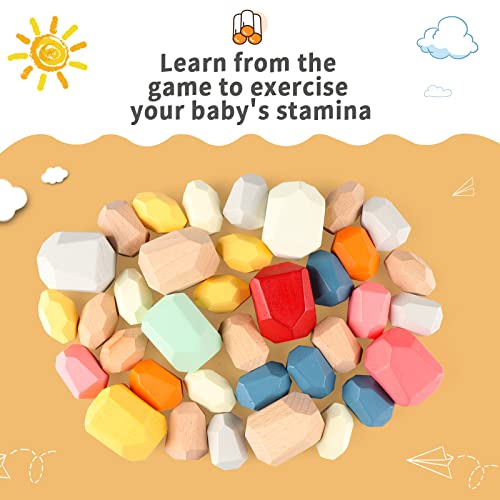 Fopnets 36 Pcs Wooden Sorting Stacking Balancing Stone Rocks Educational Preschool Learning Toys Colorful Large Building Blocks Game Lightweight Wood Stones Set For Kids 3 Years Old #TOP4