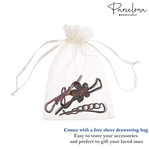 Parcelona French Twist N Clip Flower, Bow And Chain 4" Celluloid Metal Free Hair Barrette Clips Women Hair Accessories, Made In France (Tortoise Shell Brown) #TOP7