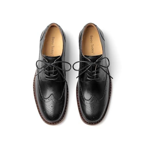 Image of BEAU TODAY Oxford Shoes for Women,Leather Brogue Dress Shoes,Comfort Brethable Ladies Lace-up Handmade Wingtip Shoes for Business Work