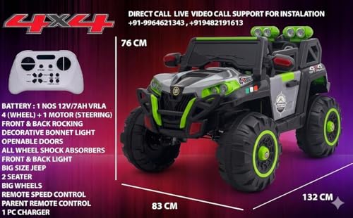 Image of Wishmaster 4x4 Big Size Driving EV Cars for 1, 2, 3, 4, 5, 6 Years | Remote + Steering + Mobile App Control | Kids Jeeps (Jumbo Size KAB2188 [1-8 Year Kids], Silver /Green)