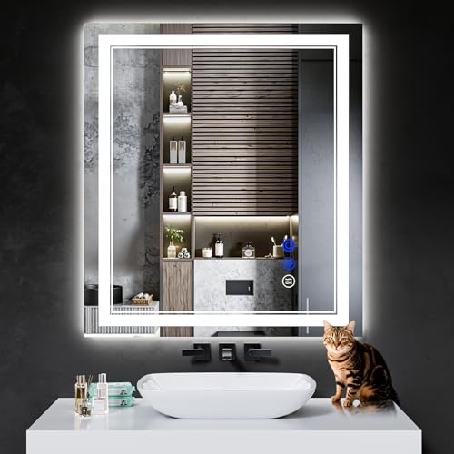 InfiniGlass 36"x32" LED Bathroom Mirror with Anti-Fog, Stepless Dimmable Lights, 3 Color Modes, Shatter-Proof Tempered Glass,Waterproof Design