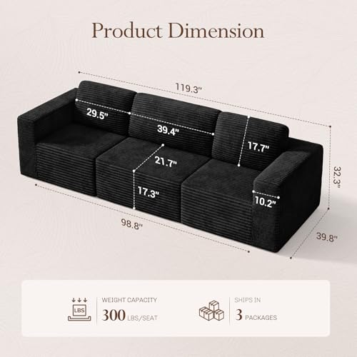 Image of Vesgantti 119 inch Modular Sectional Sofa, Corduroy Cloud Couch with Deep Seating & Spring Support, 3 Seater Flexible Layout Sofa, Boneless Couch for Living Room & Apartment, No Assembly Required, Black