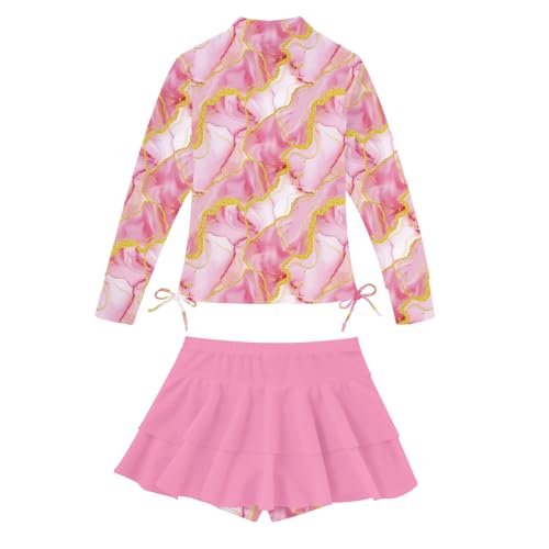 Vogseek 7T 8T Girls Rash Guard Swimwear Tie Dye Long Sleeve Bathing Suits for Kids Girl Adorable Ruffle Size 7-8 Stretchy Swimwear Zip Up Shirt Swimming Wear with Short Pink - Thumbnail 4