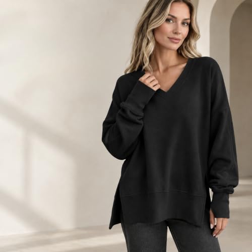 FPMLUXLL Sweatshirt for Women Casual Side Slit V Neck Sweaters Fall Clothes — view 4