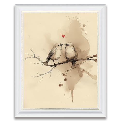 White Frame Love Birds Wall Art, Minimalist Bird Couple Canvas