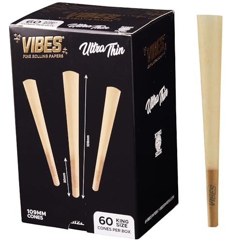 Vibes Ultra-Thin Pre-Rolled Cones (60 Cones) - King Size, 60-Pack Display Box, Chlorine-Free Technology, and Convenient Packing Tool Included