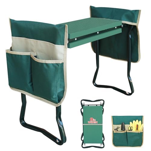 Rodilleras y asiento de jardín mejorado con almohadilla suave gruesa y ampliada, banco de jardinería resistente y asiento plegable con 2 bolsas de herramientas, regalos para mujeres, personas mayores