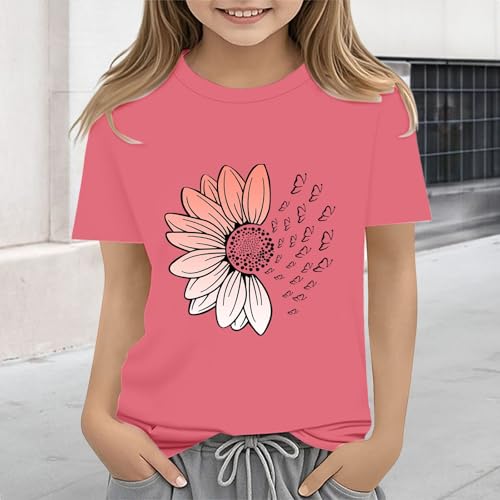 Girls Loose Fit Sunflower Graphic T Shirts Short Sleeve Crewneck Cute Pattern Printed Tops Kids (B-Pink, 6-7 Years)4