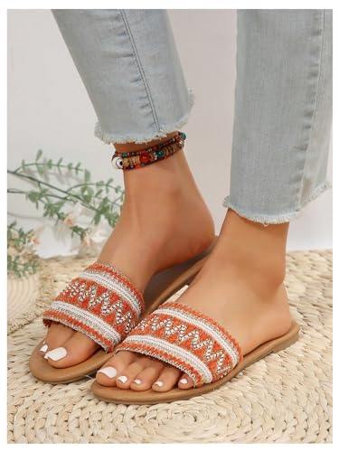 OYOANGLE Women's Boho Style Embroidered Flat Sandals Slide Sandals Fashion Flat Sandals Beach Slippers4