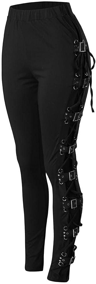Women's Gothic Cargo Pants Retro Gothic High Elastic Plus Size Steampunk Criss Cross Lace Up Party Cosplay Trouser