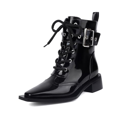 Women's Ankle Boots Square Toe Lace-up Black Buckle Boots Low Heel Side Zipper Short Bootie Casual Boots Dress comfy Boots.