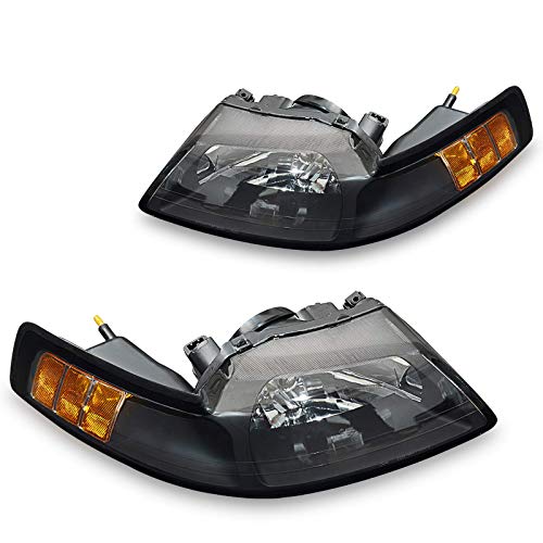 DWVO Headlight Assembly Compatible with 1999-2004 Ford Mustang Amber Reflector Black Housing Clear Lens Without Bulbs