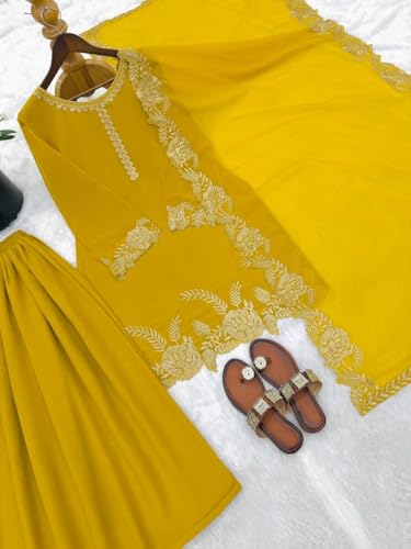 Image of Women's Embroidered Kurta Sharara Set with Dupatta | Festive Ethnic Wear Suit Set for Women | Full Sleeve Round Neck Traditional Outfit