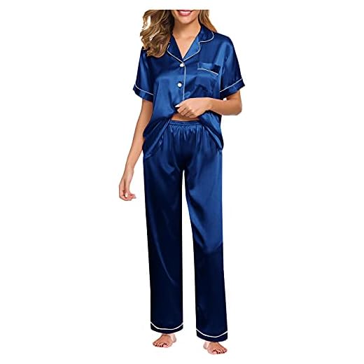 Pajamas for Women Set Summer Silk Satin Plus Size Nightgowns Sexy Loose Comfy Casual Short Sleeve Tops and Pants Suits Blue