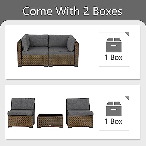 Ide·o 4 Pieces Outdoor Patio Furniture Sets, Rattan Wicker Sectional Sofa With Table And Dark Grey Cushions #TOP5