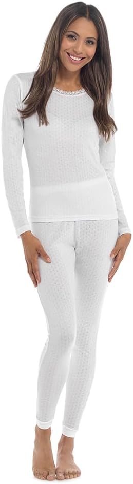 2 Pack Women’s Pointelle Thermal Underwear – Soft Cotton Base Layer for Winter – Long Sleeve Top, Short Sleeve Top, Sleeveless Vest & Long John Leggings – Lightweight Warm Thermal Set