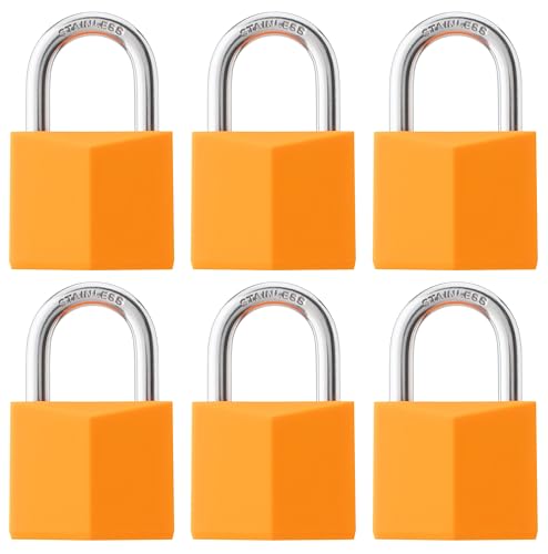 Image of 6-Pack Keyed Alike Locks, Orange Covered Brass Keyed Padlock with Stainless Steel Shackle, 1-9 /16 Inch Lock Body, Rustproof Locks for Luggage Gate Fence Hasp Cabinet Toolbox Gym School Locker