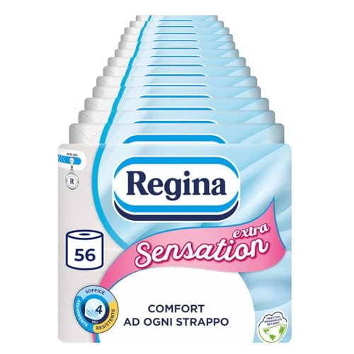 Regina Sensation Extra - 56 Rotoli di Carta Igienica, 170 Soffici Fogli a 4 Veli, Comfort ad Ogni Strappo, Confezione con il 60% di Plastica Riciclata, Carta 100% Certificata FSC