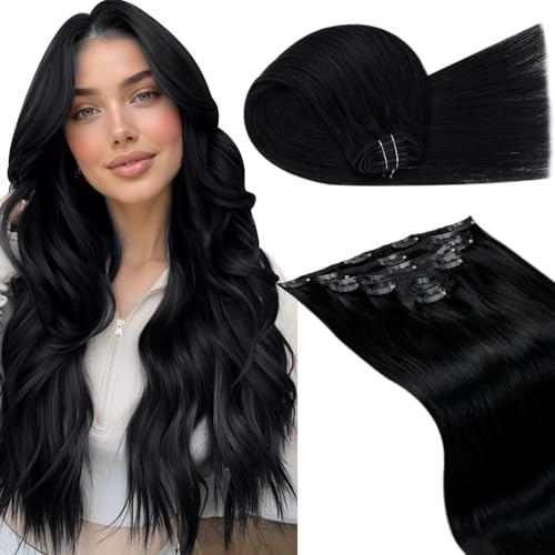 Image of LaaVoo Clip in Human Hair Extensions Jet Black Clip in Hair Extensions Real Human Hair Jet Black Hair Extension Clip ins Straight Full Head 16 Inch 7Pcs 120g