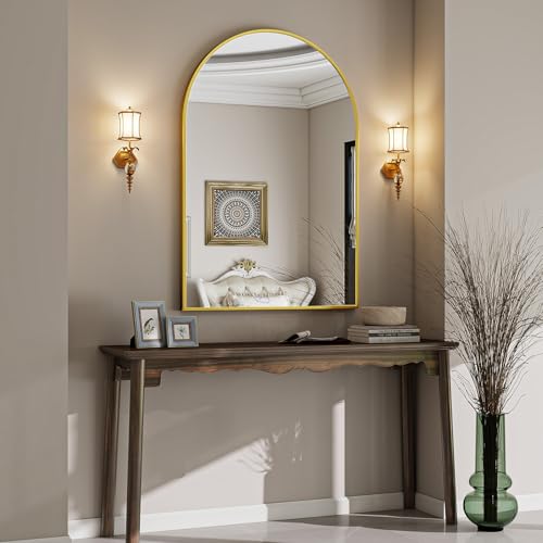 Image of VooBang Arched Wall Mirror, 26 x 41 inch Arch Bathroom Mirror, Wall Mounted Vanity Mirror with Arch Metal Frame, Modern Bathroom Vanity Mirror for Bedroom, Living Room, Hanging or Leaning, Gold