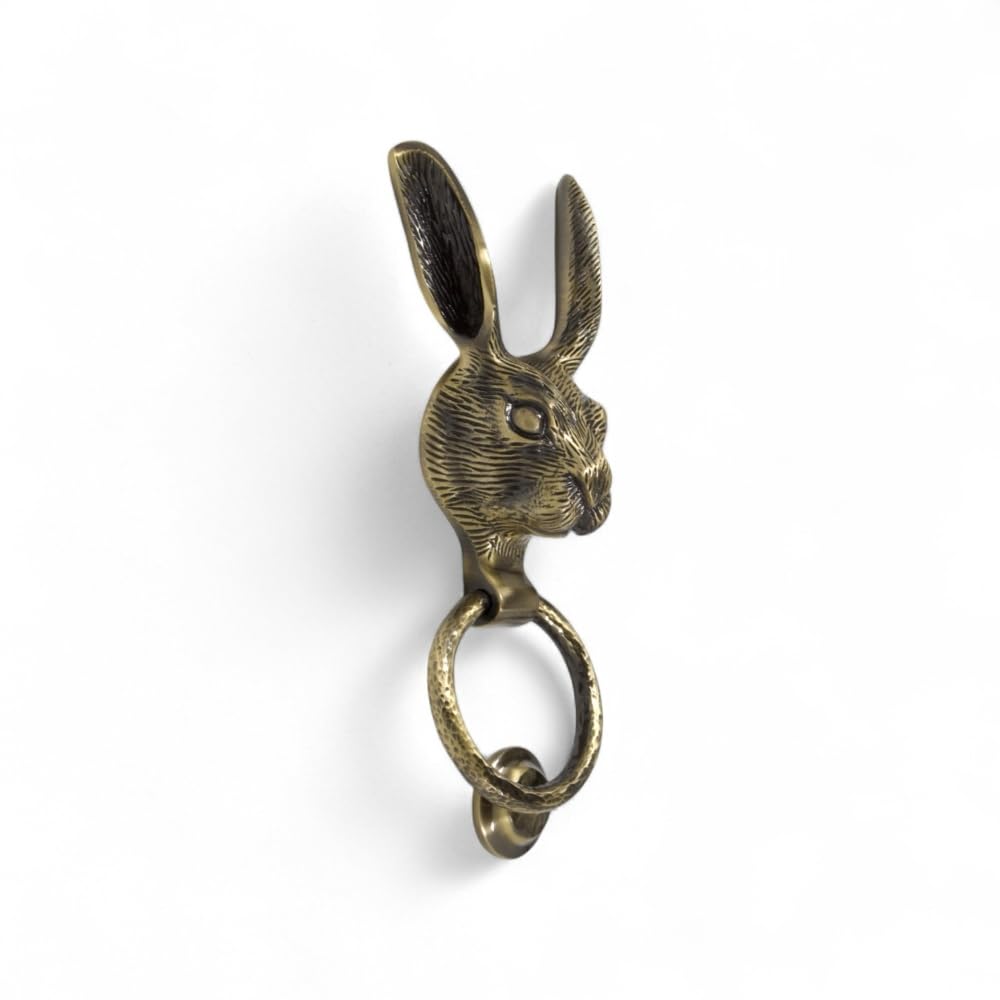 Antique Brass Hare Door Knocker Hammered Ring Animal Knockers Front Back Solid - AB Hardware
