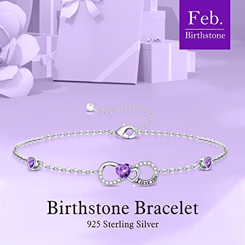 Love Heart Bracelet Gifts For Women Girls, 925 Sterling Silver February Amethyst Bracelet Purple Birthstone Bracelet Jewelry Anniversary Valentines Day Gifts For Her Birthday Gifts For Mom Daughter Wife Girlfriend #TOP5