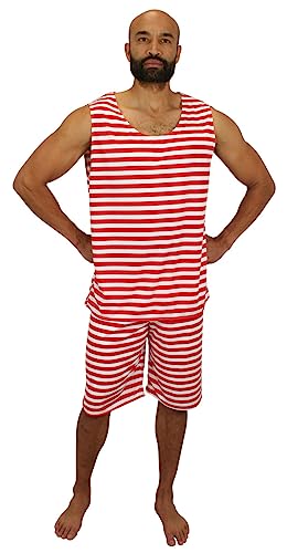 Historical Emporium Mens 1900s Striped Tank Bathing Suit, Victorian Edwardian Swimwear Beach Halloween Costumes Theater XL Red-White