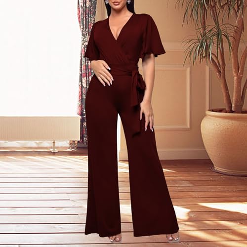 Image of PaladMom Womens Elegant Plus Size Jumpsuits Sexy Back zipper Short Sleeve Mid Waist Wide Leg Straight Rompers