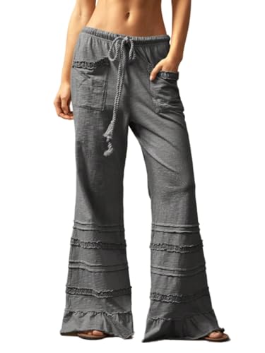 Ruffle Pants Women Wide Leg Flare Drawstring Elastic High Waisted Baggy Trousers Solid Palazzo Pants with Pockets
