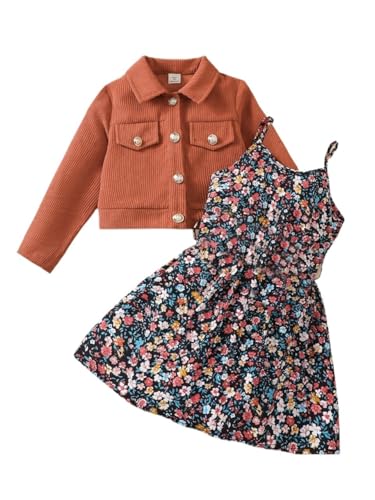 Girls Dress Set 2 Piece Floral Pattern Spaghetti Strap Dress and Long Sleeve Front Button Top Set for Girl 4-7 Years