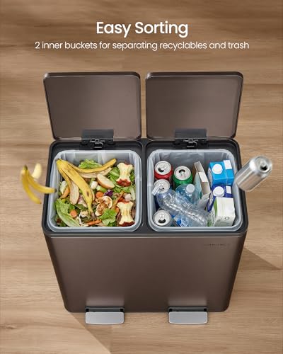Image of SONGMICS Trash Can, Double Compartment Garbage Can, Stainless Steel | 2 X 8 Gallon (2 x 30 L) for Recycling, with 15 Liner Bags, Soft-Close Lids, Removable Buckets, Brown ULTB160MZ01