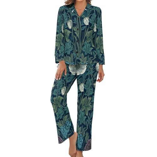Pyjama femme grande taille en coton fluide avec chemise boutonnée et imprimé vigne de pavot vintage