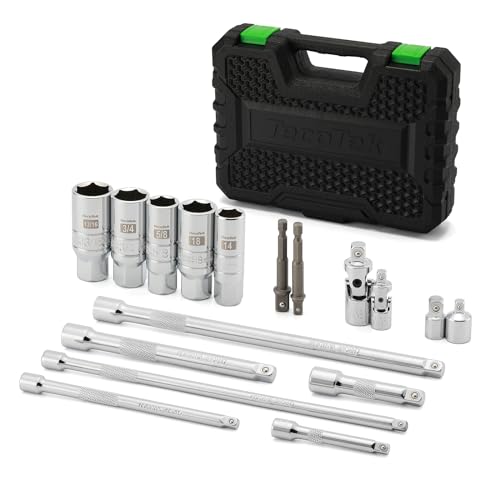 Image of TecoTek 17-Pieces Drive Tool Accessory Set, Spark Plug Socket Set, Includes 1/4" & 3/8” Drive Extension Bar, Socket Adapter, Universal Joints