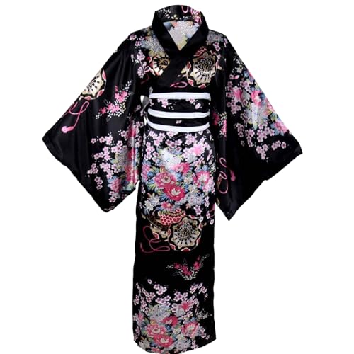 Kimono japonais, yukata pour femmes motif floral kimono japonais silky confortable adapté à la peau avec une ceinture kimono kyoto banc de fleur kimono (noir)