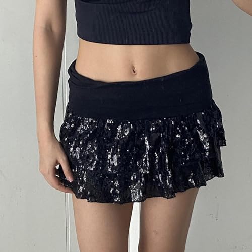 Women's Y2k Sequin Mini Skirts Mid Rise Tiered Ruffled Sparkly A Line Skirts Short Party Club Skirt Clubwear2