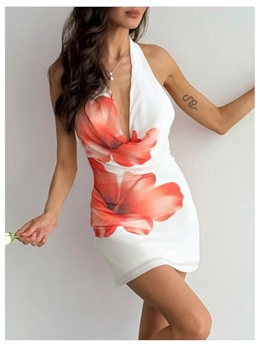 Milumia Women's Floral Mesh Draped Halter Mini Dress Sexy Deep V Neck Backless Short Dress2