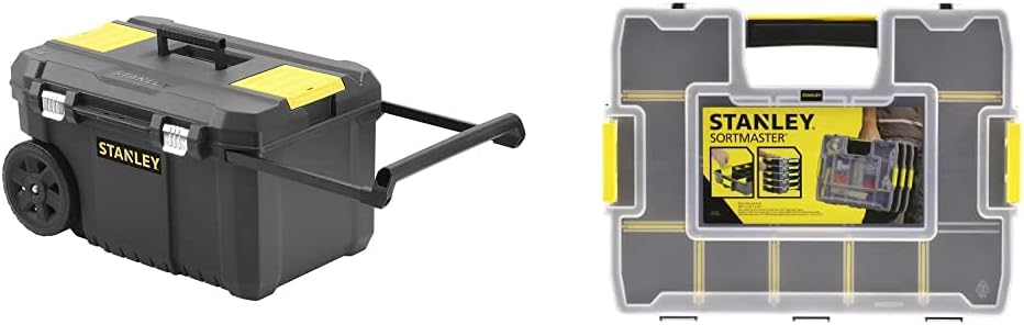 STANLEY Rolling Toolbox Chest with Heavy Duty Metal Latch, 2 Lid Organisers for Small Parts, Portable Tote Tray & Sortmaster Stackable Storage Organiser for Tools, Small Parts, Adjustable Compartments