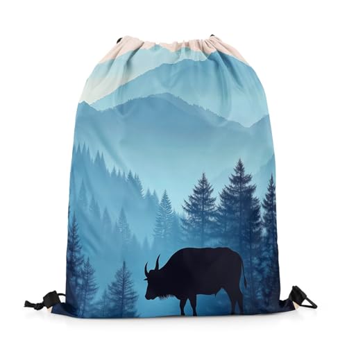 jejeloiu Cute Buffalo Gym String Bag 13"x15.7" Wild American Bison Drawstring Backpack Decor Forset Mountain Cartoon Wild Animal Drawstring Bags Blue Waterproof Cinch Bag2
