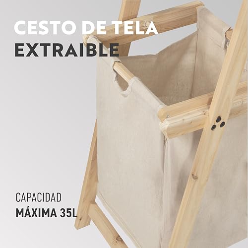 BRINDEK Mueble Organizador con estanterías y cesto Ropa Sucia extraíble | Cesta Colada Plegable de Tela Beige y Estructura Madera | Mueble lavandería Funcional y Decorativo - imagen 3