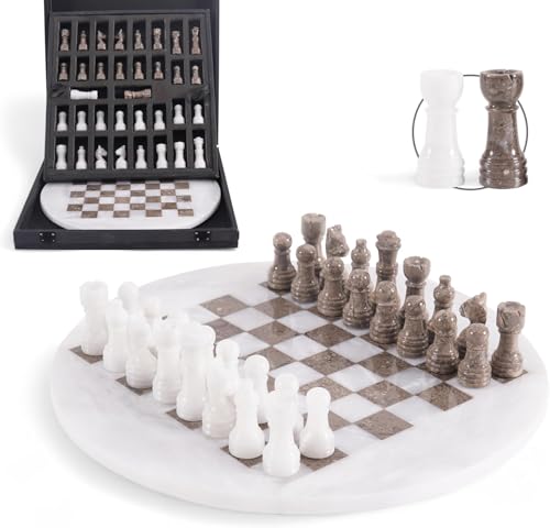 Marble Chess Set for Adults, 12 Inch Handmade White & Oceanic Stone Chess Board Game with Complementary Storage Box with Extra Queens, Home Decor Chess Pieces, Premium Chessboard Gift for Players