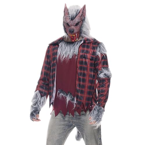 EraSpooky Disfraz de hombre lobo de luna llena para hombre, disfraz de lobo furioso para Halloween, disfraz de cosplay con máscara de lobo y guantes