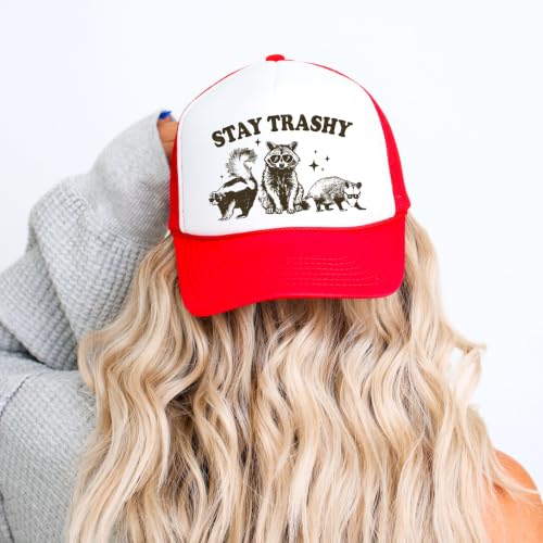 Image of Stay Trashy Funny Raccoon Graphic Classic 5 Panel Mesh Snap Back Trucker Hat