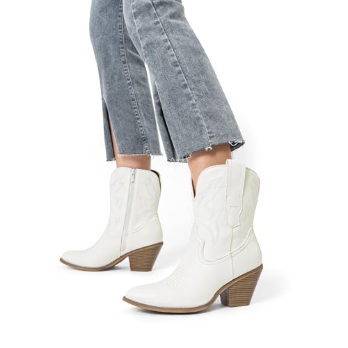 DREAM PAIRS Women's Cowboy Ankle Boots Western Booties Low Heel Pointed Toe Cowgirl Boots,Size 9,White-Embroidery,SDAB2302W
