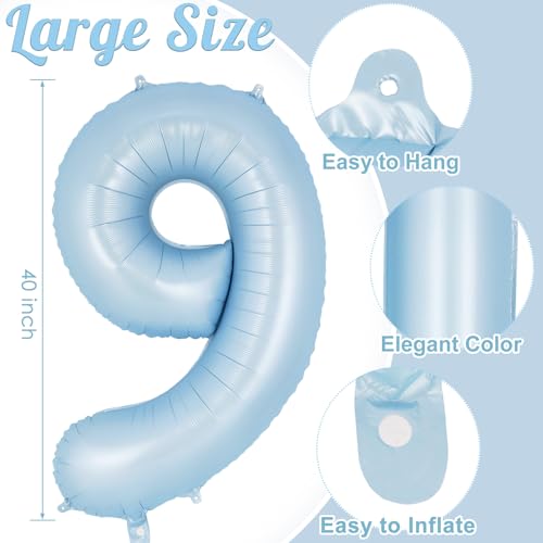 Image of Light Blue Number 9 Balloon, 40 Inch Big Large Foil Number Balloons, Giant Mylar Number 9 Balloons for 9 Year old Birthday Baby Party Decorations Supplies Anniversary